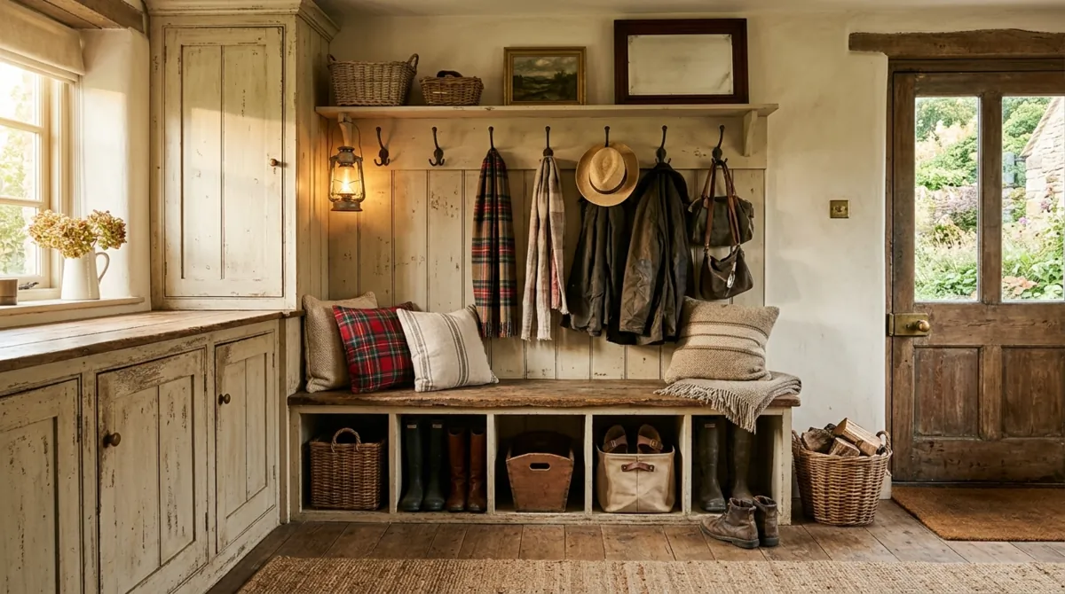 Rustic farmhouse mudroom with distressed cabinetry, cubbies, plaid cushion, and metal hooks.