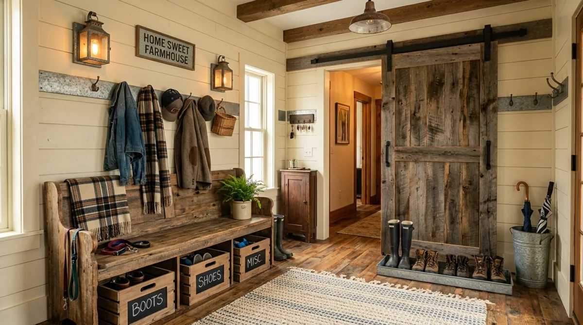 Farmhouse mudroom with barn door, wood bench, storage crates, and galvanized accents.