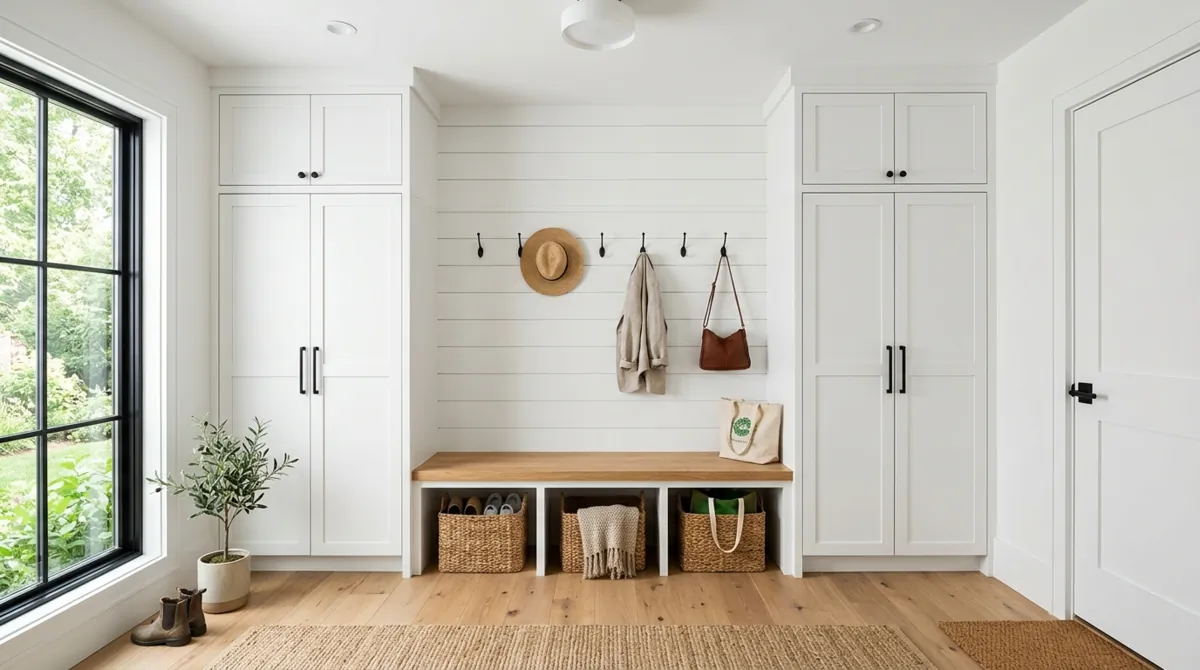 Modern farmhouse mudroom with white lockers, oak bench, black hardware, and shiplap.