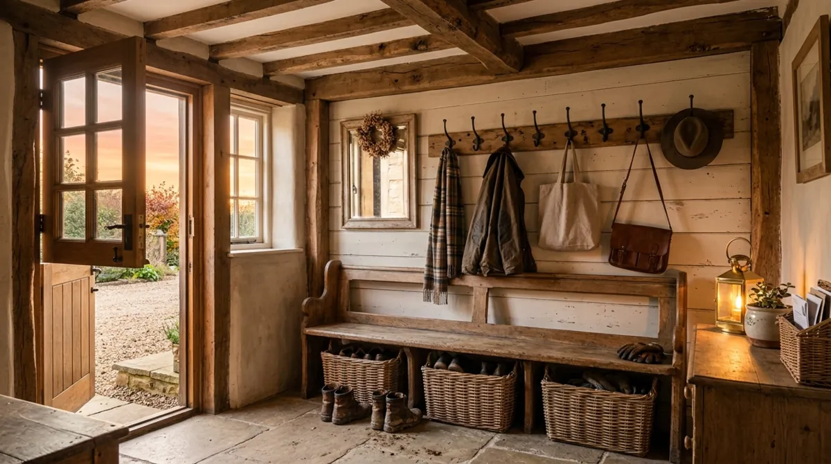 Rustic mudroom with exposed beams, weathered bench, wicker baskets, and antique hooks.