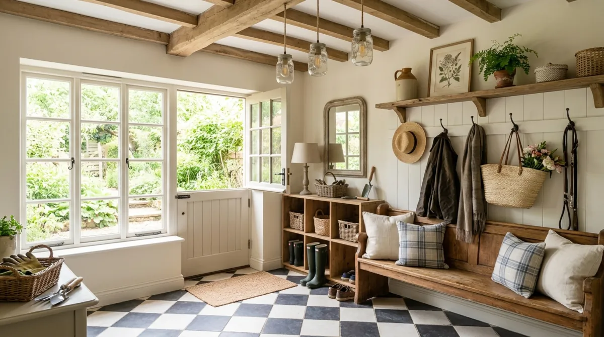 Farmhouse mudroom with checkerboard tile, wood bench, mason jar lights, and neutral tones.