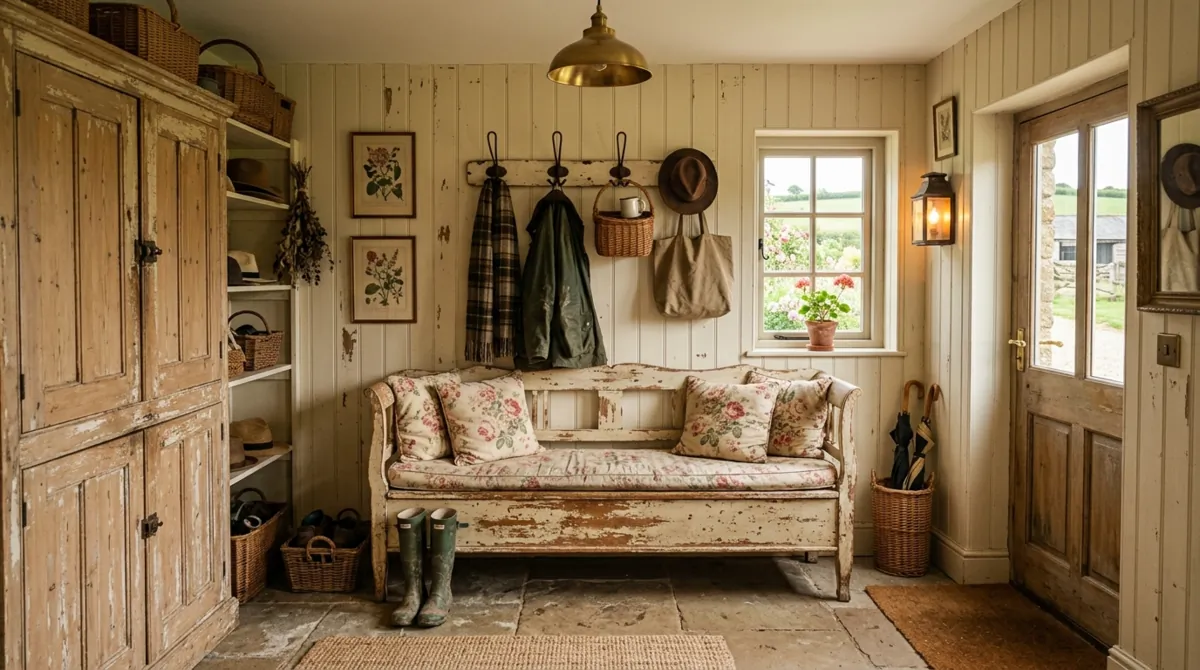 Vintage farmhouse mudroom with distressed paint, antique cabinets, floral cushion, and rustic hooks.