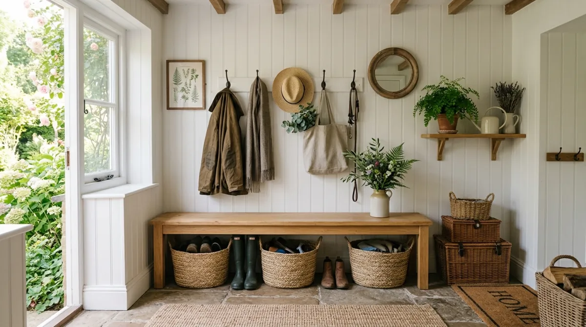 Cottage farmhouse mudroom with beadboard, light wood bench, baskets, and greenery.