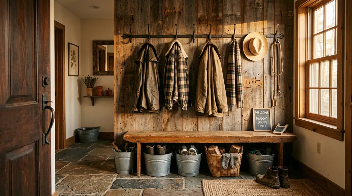 Rustic farmhouse mudroom with barn wood paneling, iron hooks, and metal buckets.