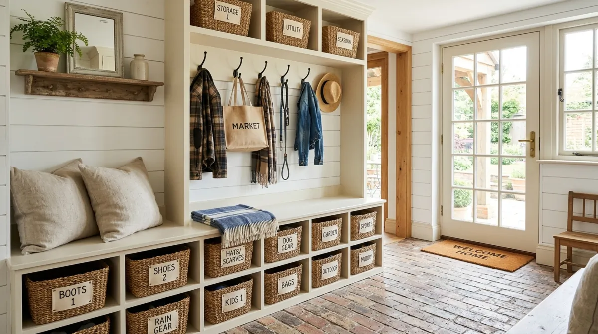 Farmhouse mudroom with built-in cubbies, labeled bins, linen cushions, and shiplap.
