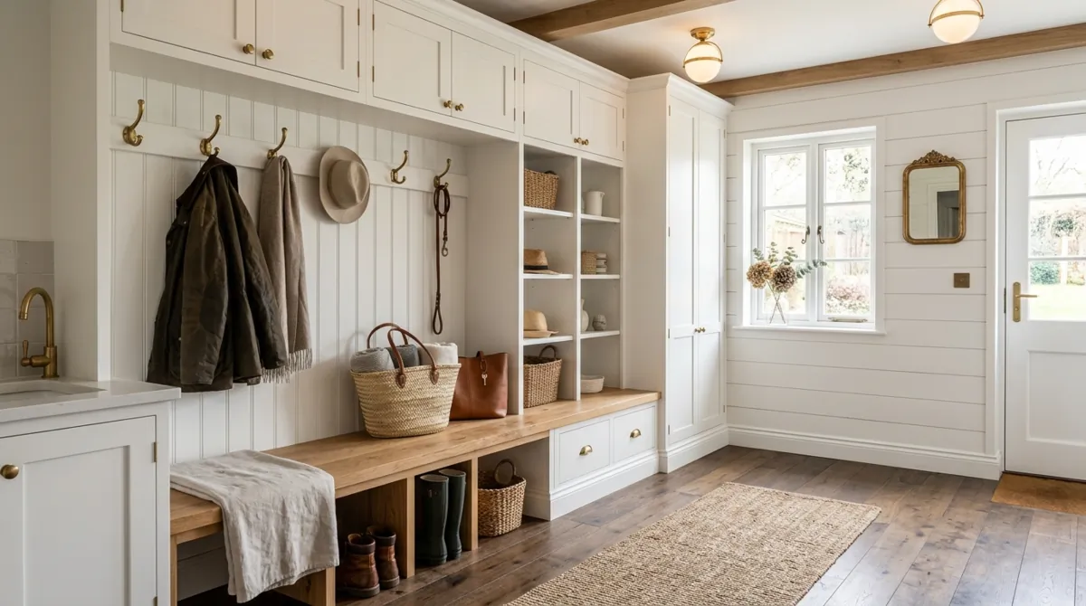 Luxury farmhouse mudroom with white cabinetry, oak bench, brass hardware, and rustic styling.