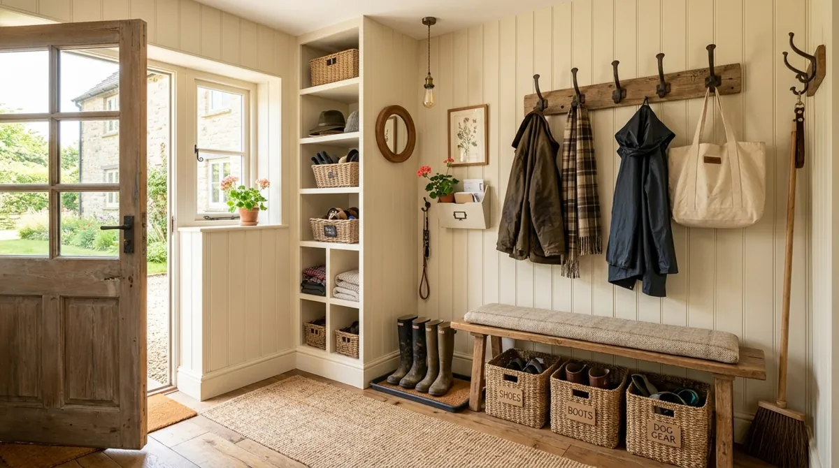 Compact farmhouse mudroom with vertical storage, slim wood bench, hooks, and baskets.