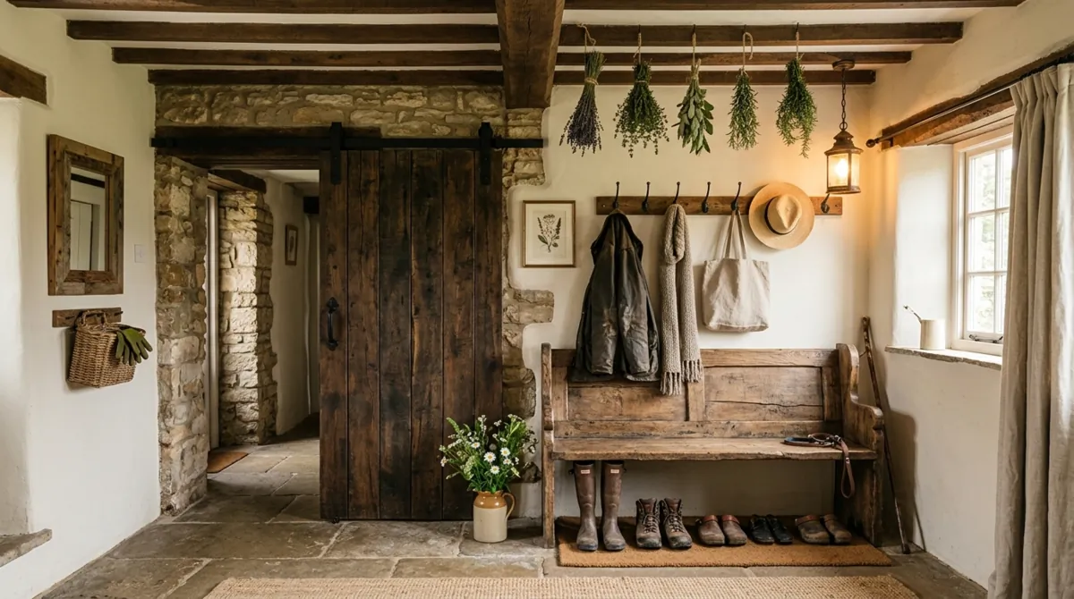 Farmhouse mudroom entry with barn door, rustic bench, hanging dried herbs, and warm lighting.