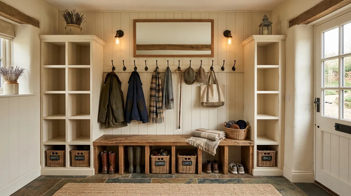 Classic farmhouse mudroom with symmetrical cubbies, wood bench, black fixtures, and neutral palette.
