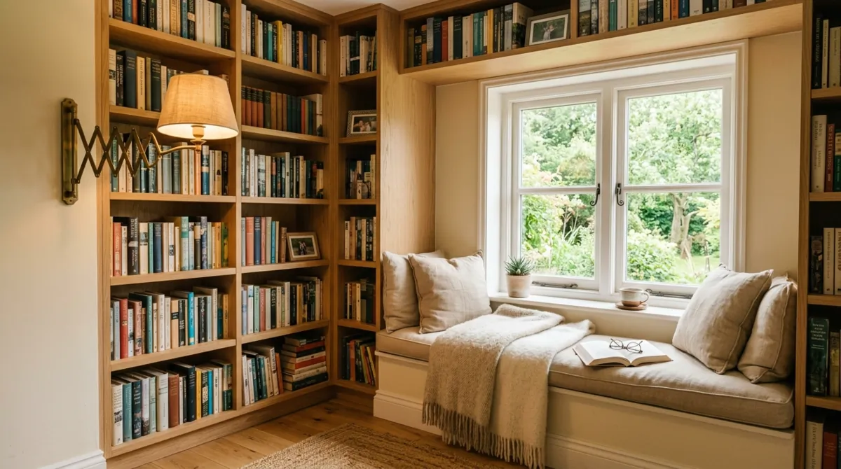 Small home library nook with built-in shelves, cushioned window seat, warm lamp glow, and light wood tones.