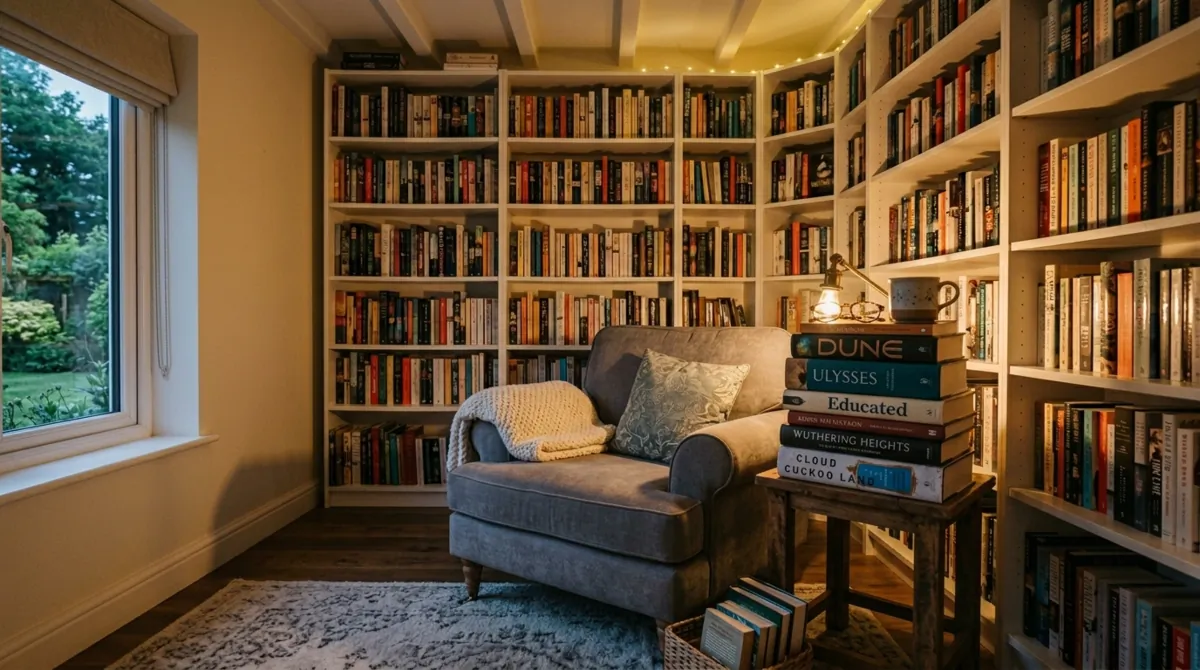 Compact library corner with white floor-to-ceiling shelves, plush gray armchair, books, and warm lighting.