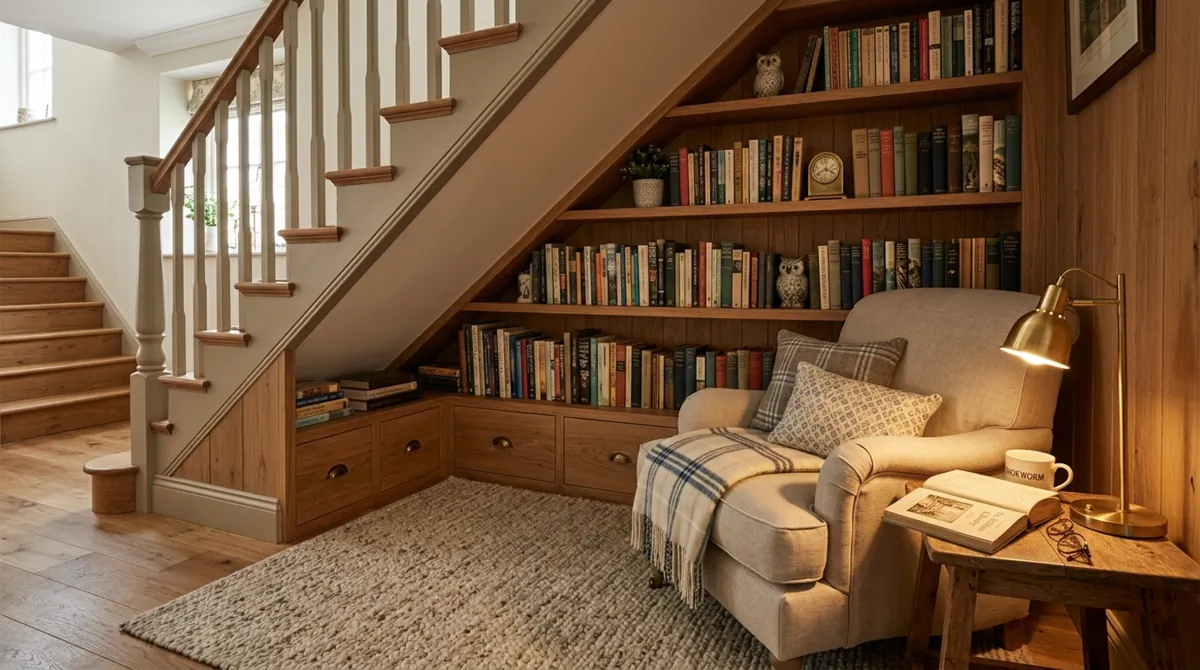 Charming small library under staircase with custom shelves, hidden drawers, armchair, and brass reading lamp.