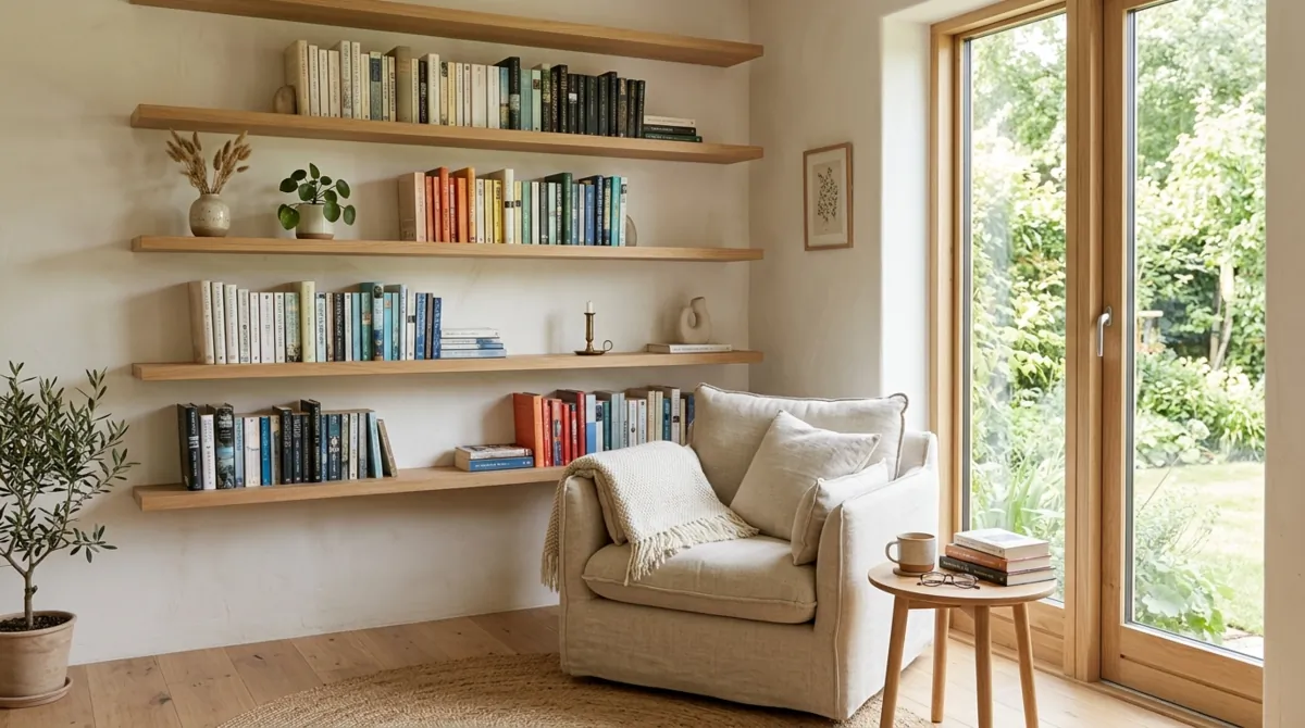 Minimalist small home library with floating oak shelves, linen armchair, neutral palette, and soft daylight.