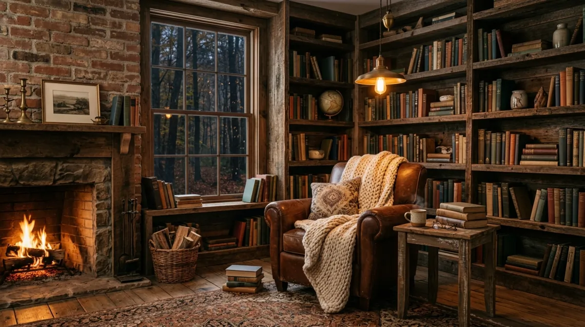 Rustic reading nook with reclaimed wood shelves, leather chair, knit throw, Edison lighting, and exposed brick wall.