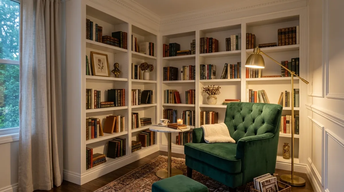 Elegant compact library corner with white built-ins, gold reading lamp, green velvet armchair, and marble side table.