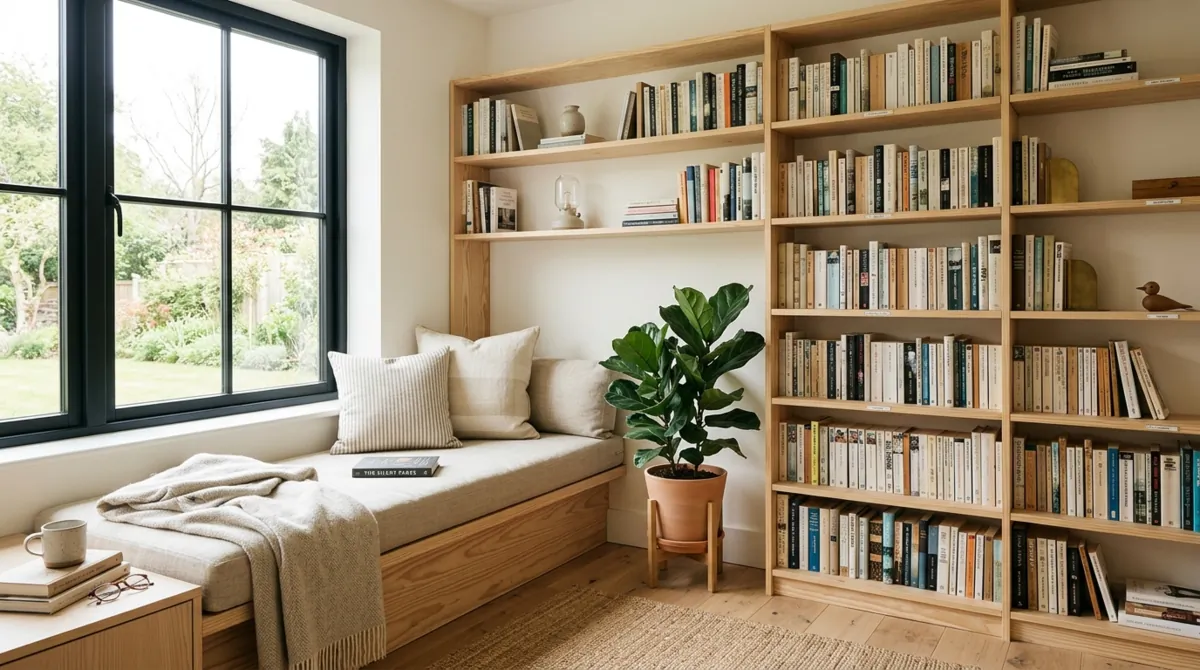 Scandinavian small library with pine shelves, cushioned bench, neutral textiles, potted plant, and bright daylight.