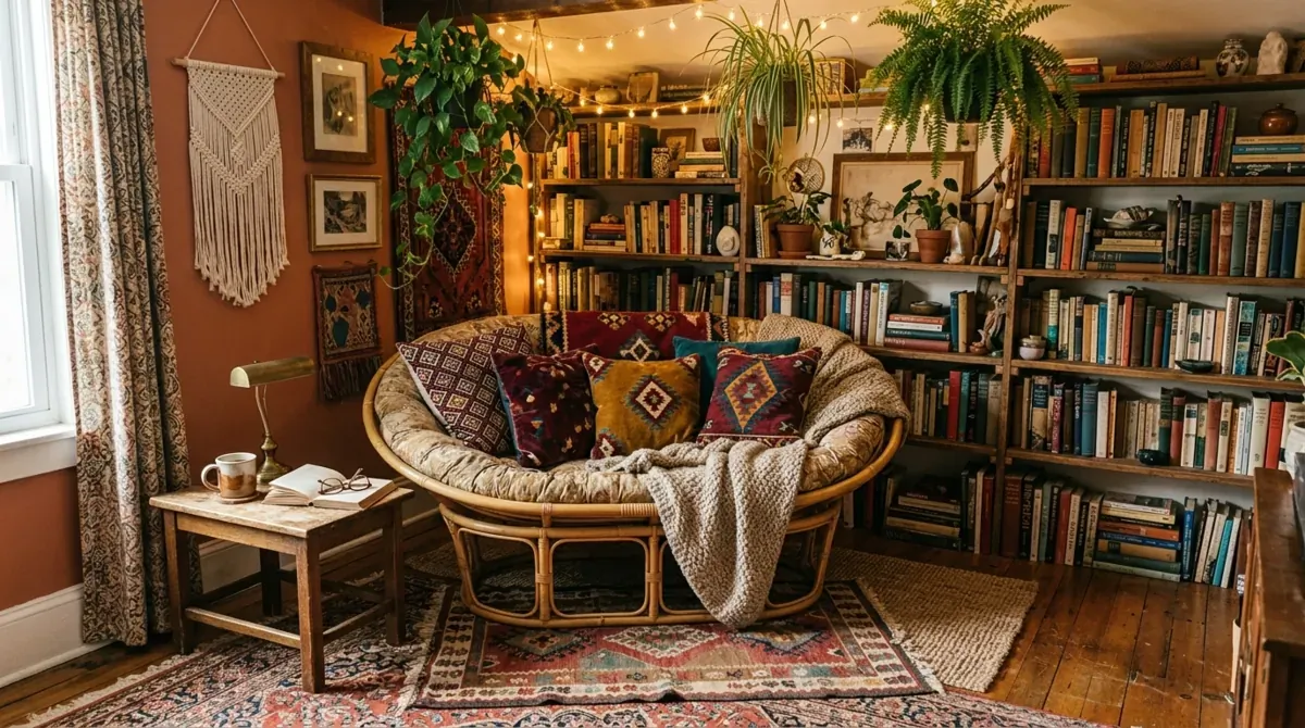 Bohemian reading nook with eclectic shelves, layered rugs, woven chair, hanging plants, string lights, and colorful cushions.