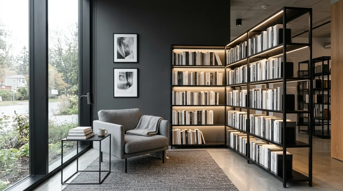 Modern small library with black metal shelves, gray armchair, LED shelf lighting, and soft window light.