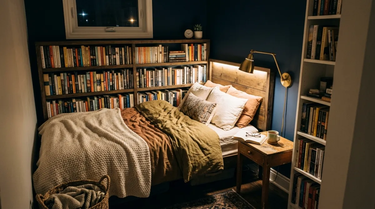 Tiny bedroom library nook with bookshelf headboard, soft bedding, vertical shelving, and warm bedside lamp.