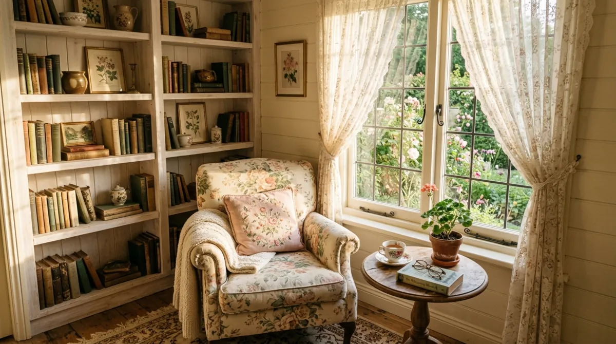 Cottage-style reading nook with whitewashed shelves, floral armchair, pastel tones, lace curtains, and golden sunlight.