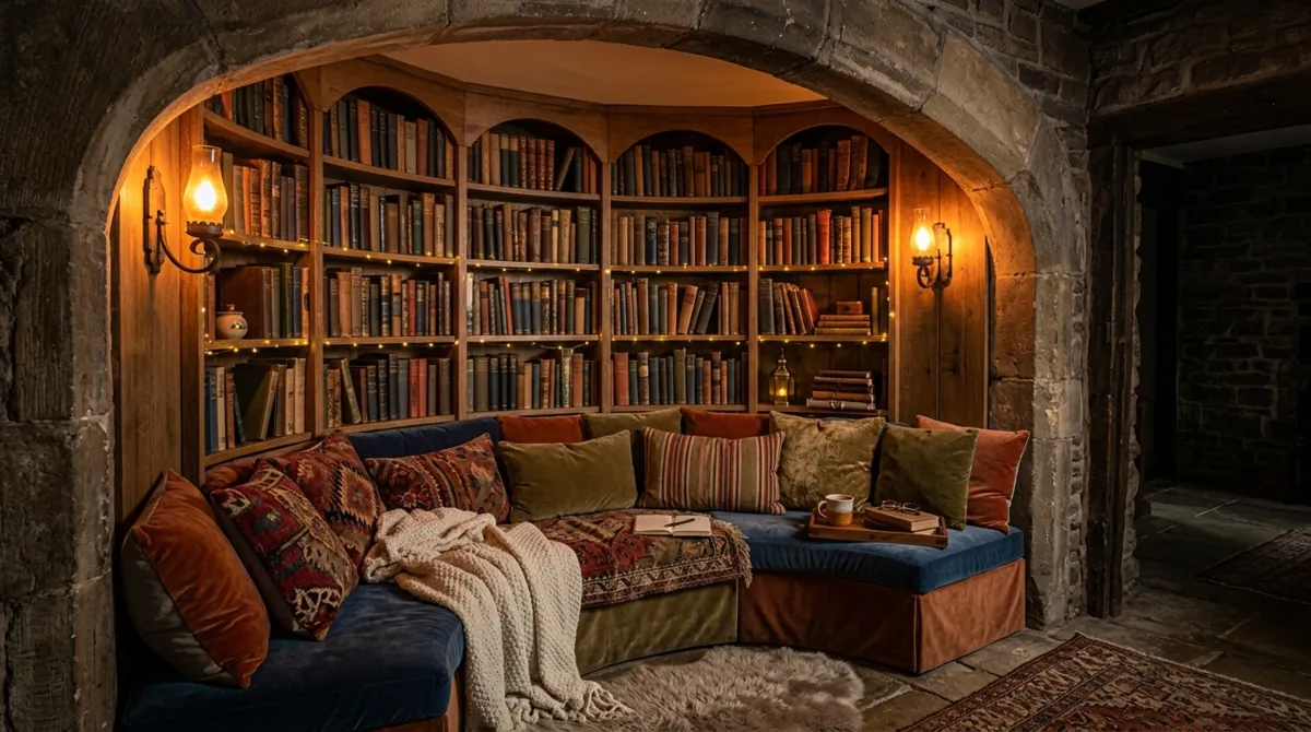 Hidden alcove library with arched wall shelves, cushioned bench, warm sconces, and intimate reading light.