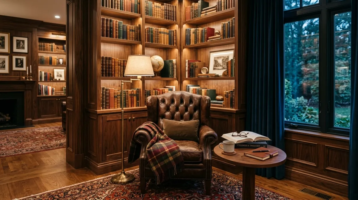 Small luxury library corner with walnut built-ins, tufted leather chair, brass floor lamp, and rich warm textures.