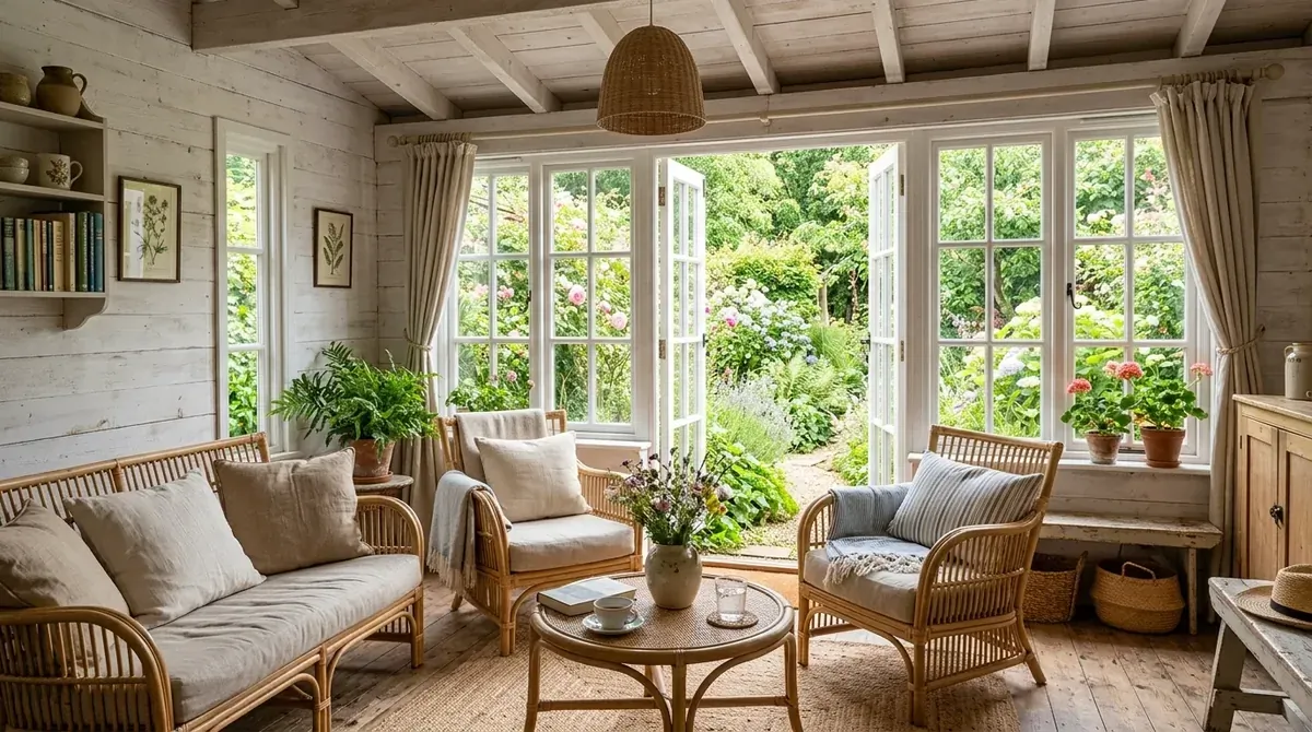 Summer house interior with whitewashed wood walls, rattan furniture, linen cushions, and lush garden views.