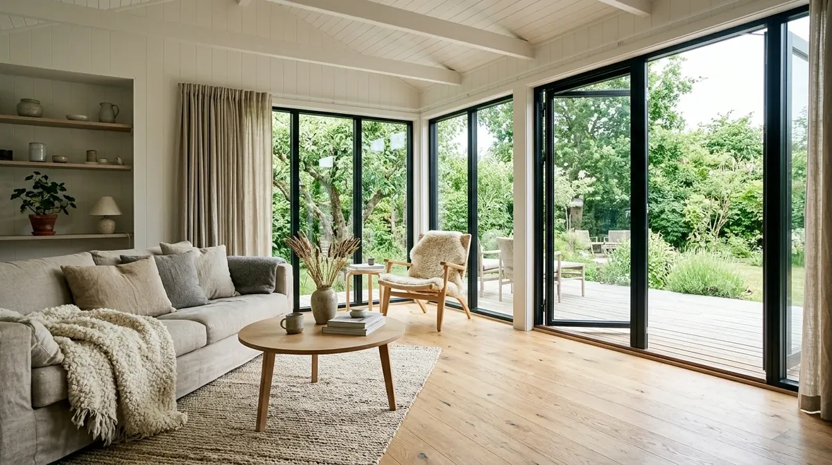 Scandinavian summer house with oak floors, white decor, neutral textiles, and bright glass doors.