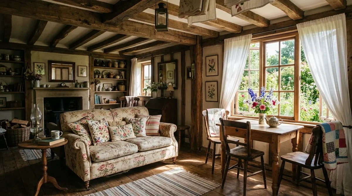 Rustic summer house with exposed beams, vintage furniture, floral cushions, and warm garden sunlight.