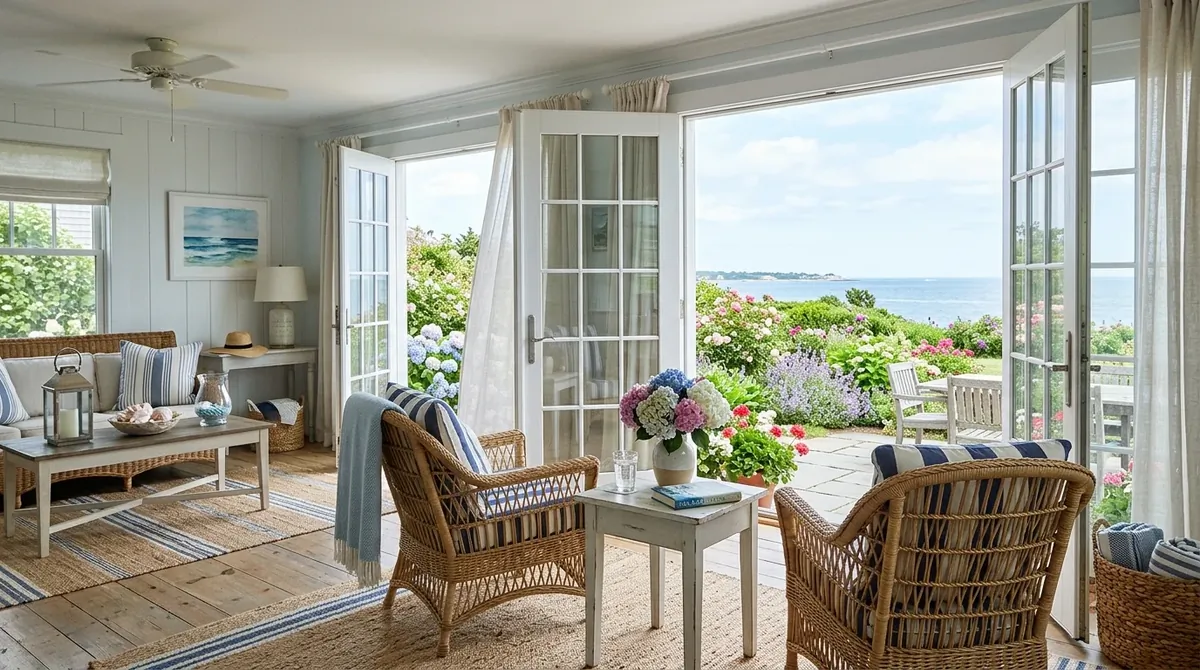 Coastal-inspired summer house with blue and white palette, wicker chairs, striped textiles, and open windows.