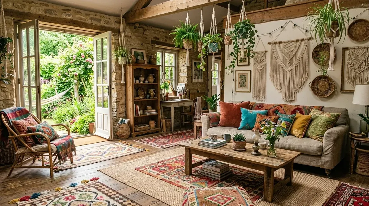 Bohemian summer house with rugs, hanging plants, macrame decor, and colorful cushions.