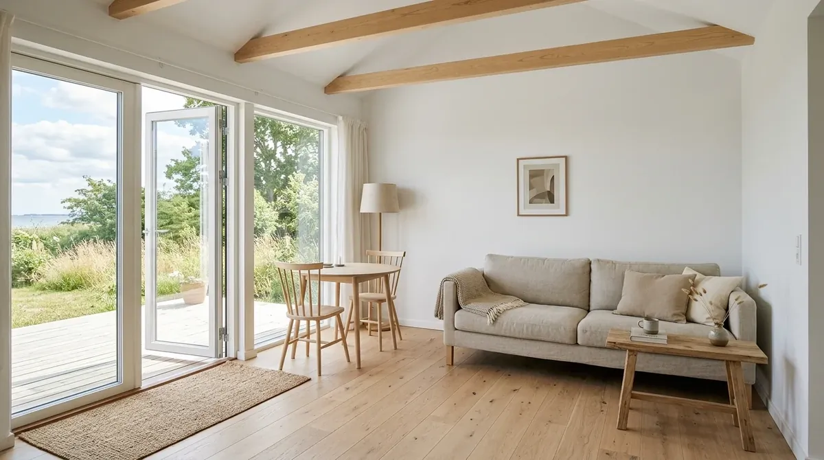 Minimalist summer house with white walls, simple wood furniture, uncluttered layout, and soft natural light.
