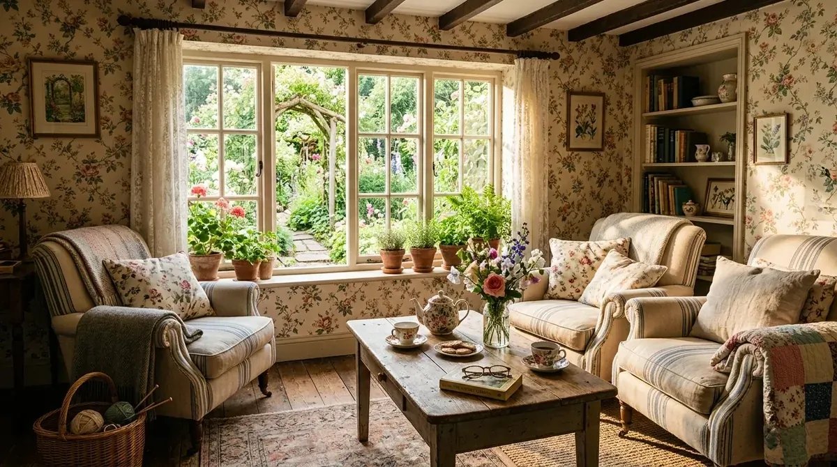 Cottage-style summer house with floral wallpaper, armchairs, wood coffee table, and storybook sunlight.