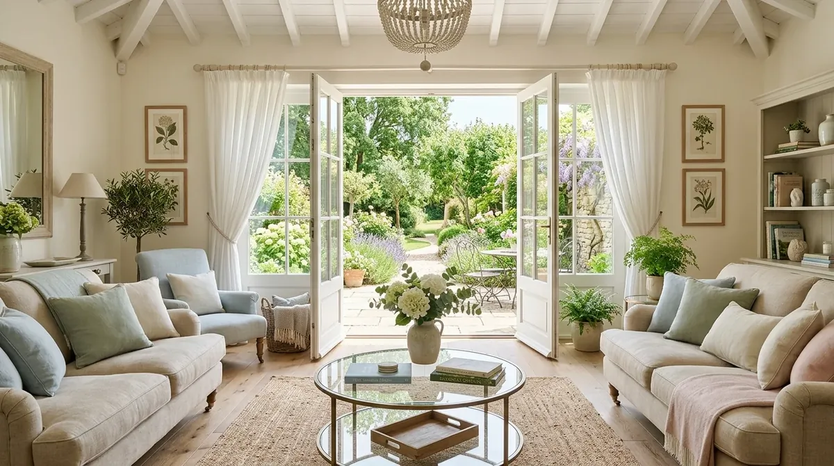 Elegant summer house with linen sofas, glass coffee table, pastel tones, and French doors to the garden.
