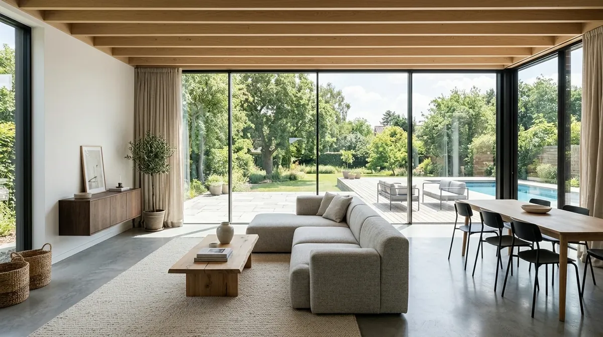Modern summer house with sleek furniture, neutral tones, glass walls, and indoor-outdoor flow.
