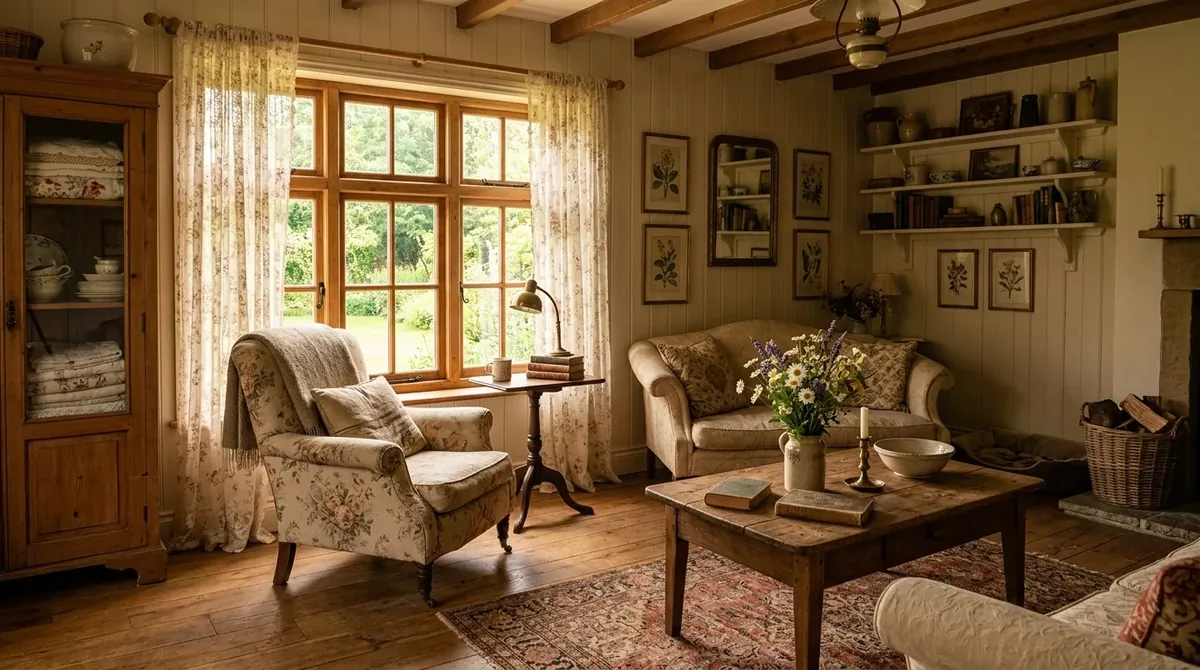 Vintage-inspired summer house with antique furniture, lace curtains, wood flooring, and warm golden light.