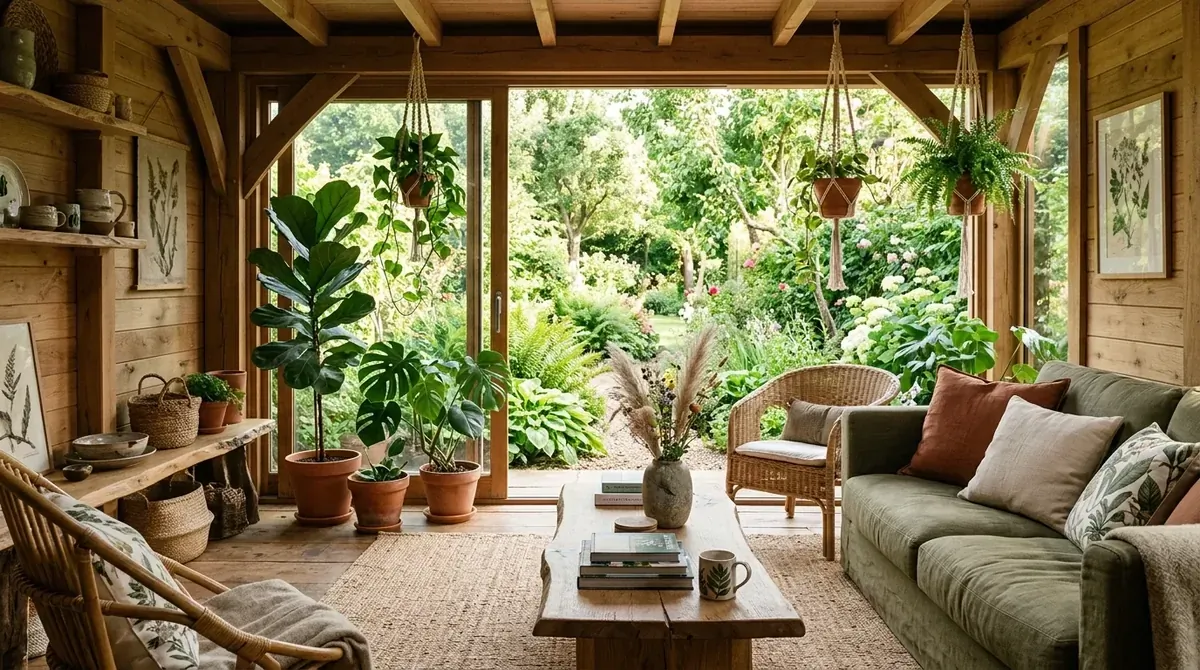 Nature-inspired summer house with plants, earthy tones, wood textures, and organic decor.