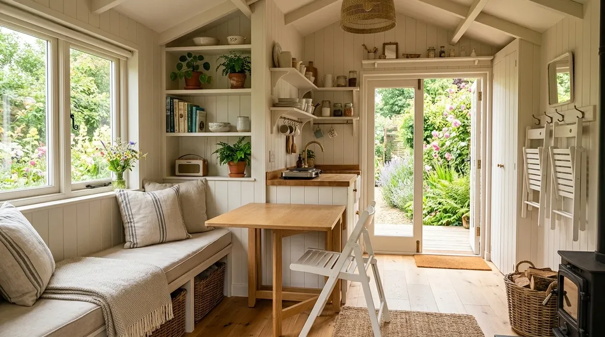 Compact summer house with built-in storage, foldable seating, and bright airy garden-facing layout.