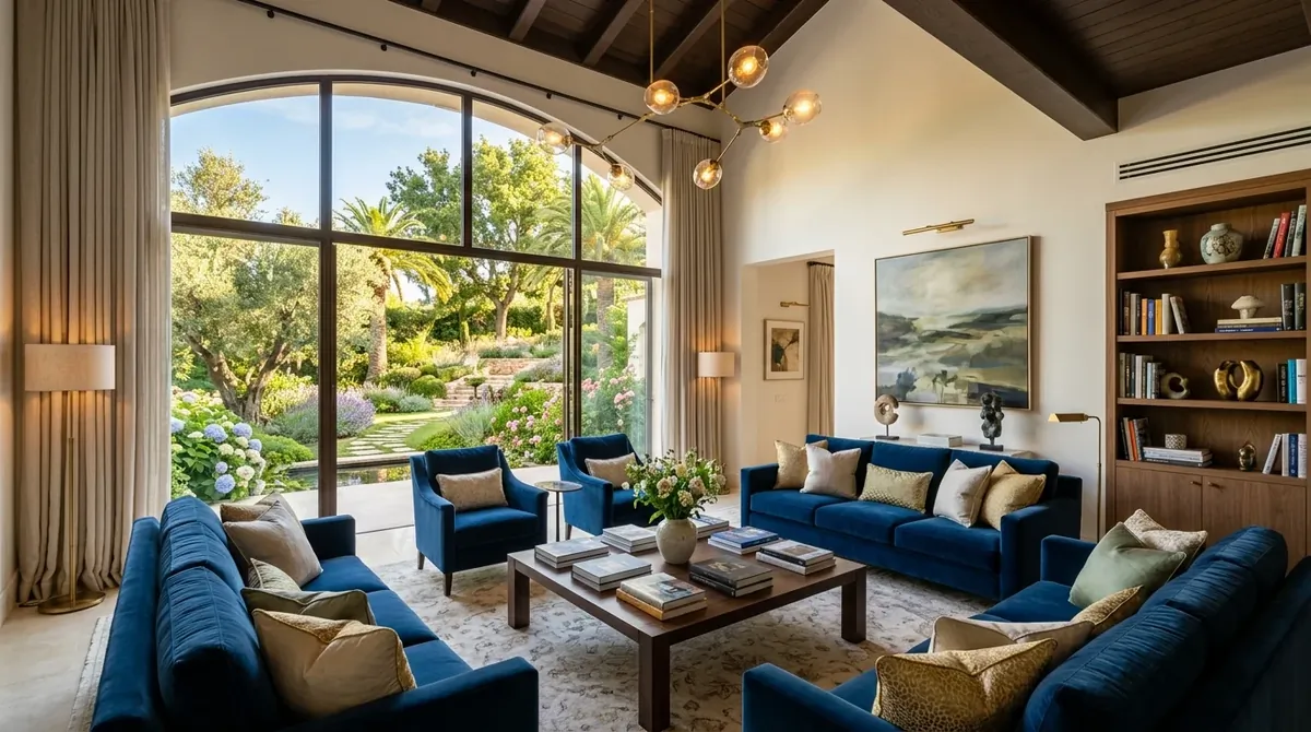 Luxury summer house with velvet seating, elegant light fixtures, curated decor, and panoramic garden views.