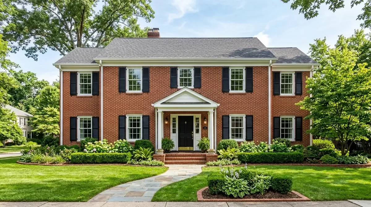 Classic red brick house with black shutters, white trim, and a stone front walkway.