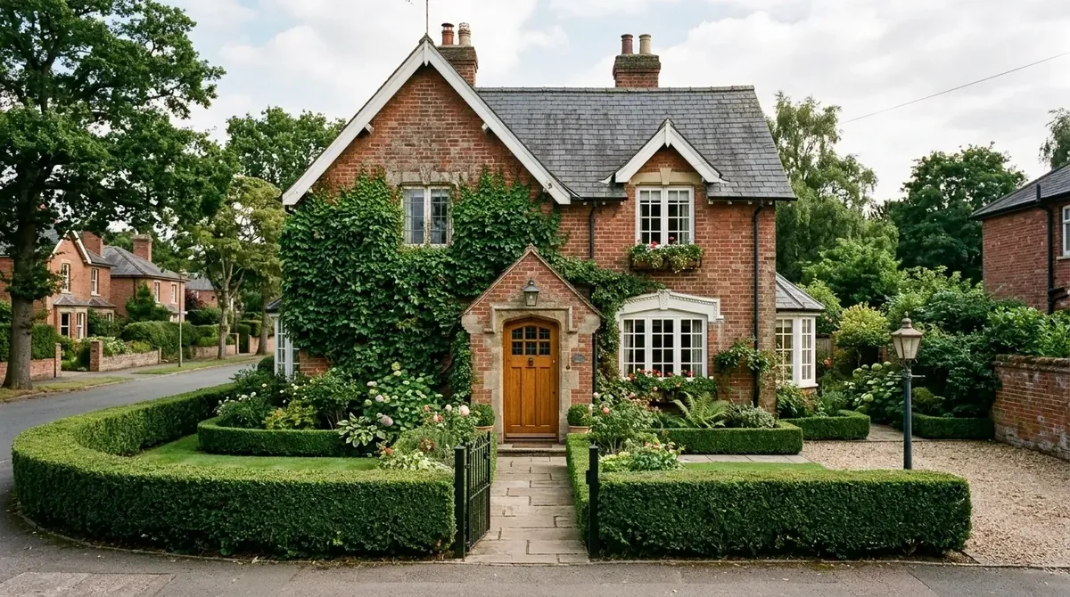 Traditional red brick home with ivy, gabled roof, warm wooden front door, and clipped hedges.
