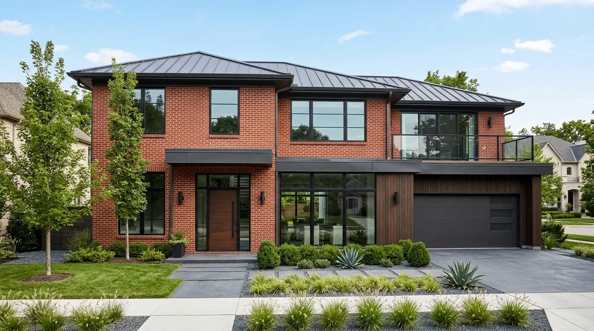 Modernized red brick house with large black-framed windows and minimal landscaping.