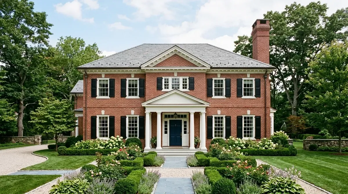 Colonial-style red brick home with white columns, brick chimney, and formal garden layout.