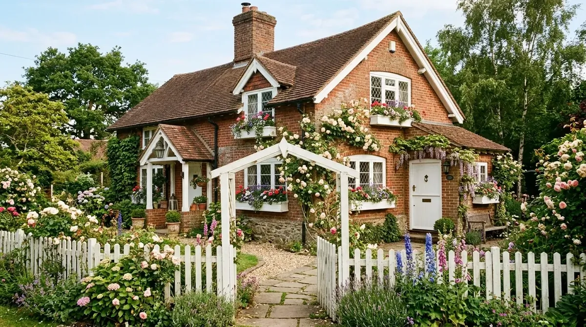 Cozy red brick cottage with white trim, flower boxes, picket fence, and winding garden path.