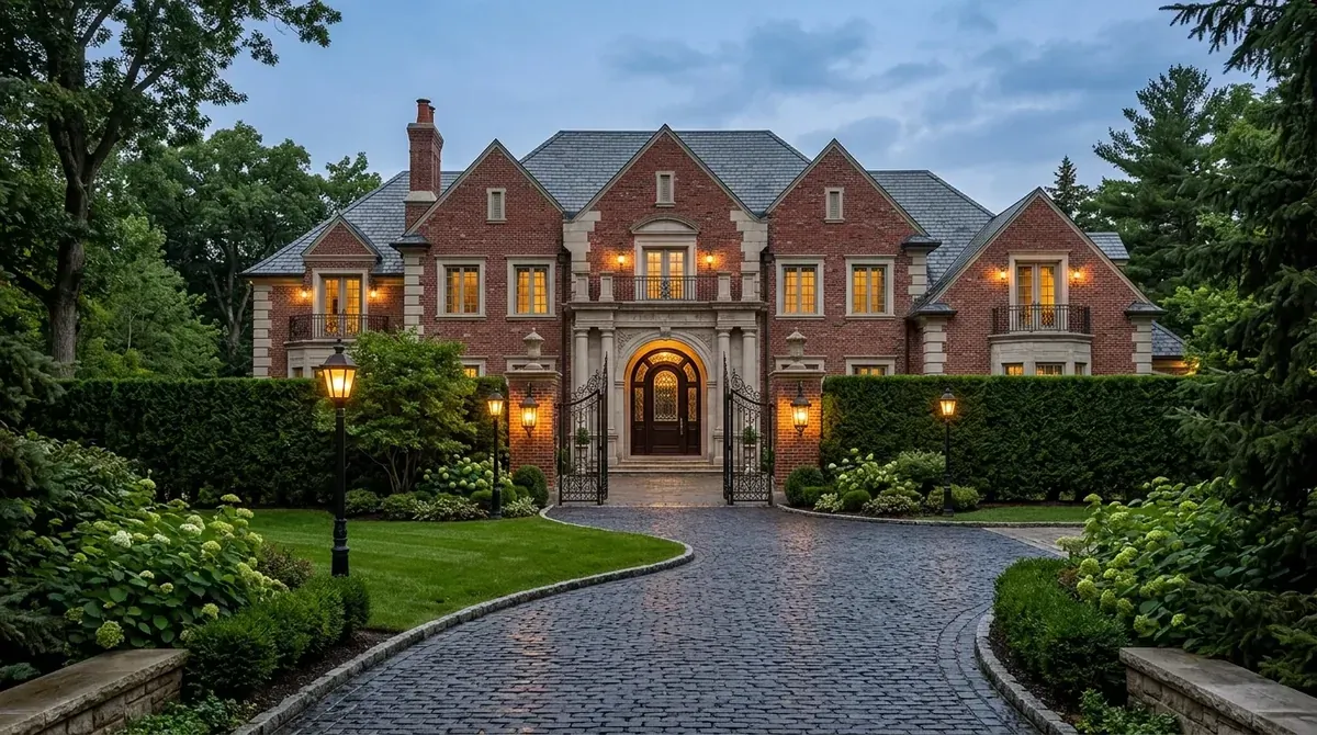 Luxury red brick estate with arched entry, wrought iron details, hedges, and lantern lighting.