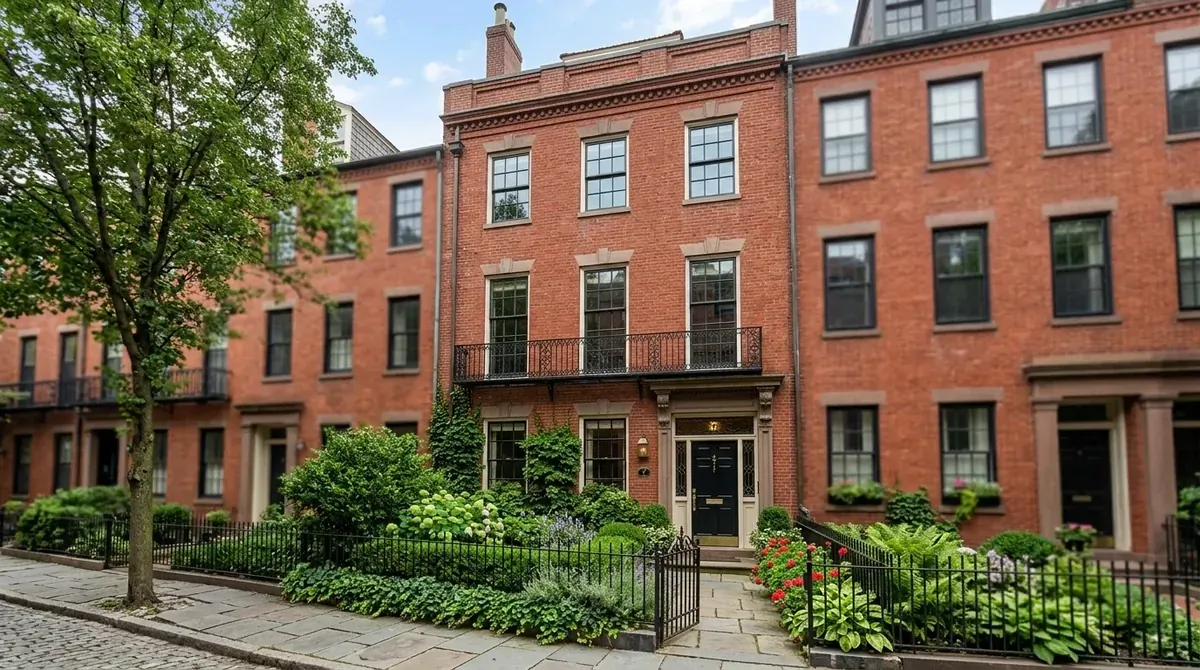 Red brick townhouse with iron railings, symmetrical windows, and a small front garden.