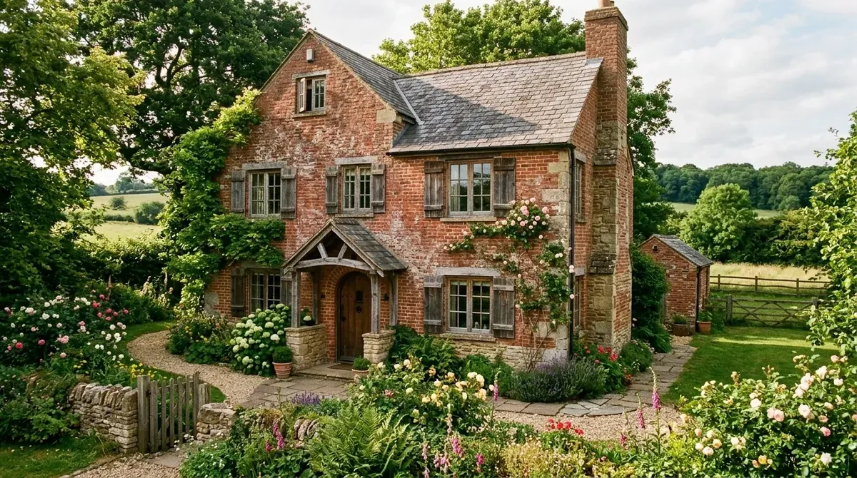 Rustic red brick home with weathered brick, wooden shutters, stone accents, and lush greenery.