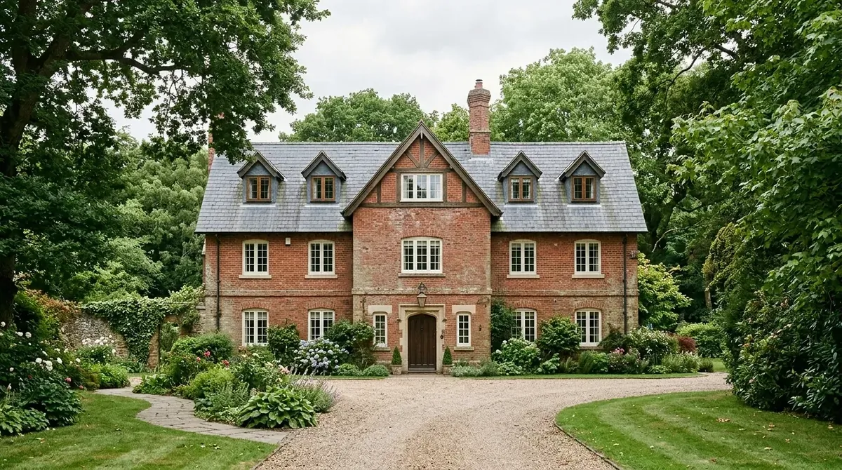 Red brick house with dormer windows, slate roof, mature trees, and soft daylight.