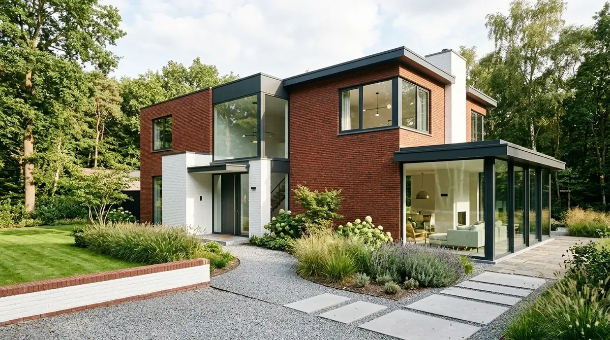 Contemporary red brick house with white-painted accents, glass extension, and gravel paths.