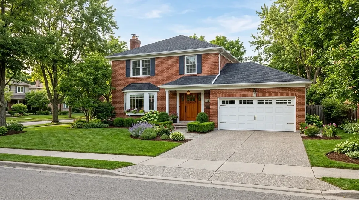 Charming suburban red brick home with double garage, warm wooden door, and neat landscaping.